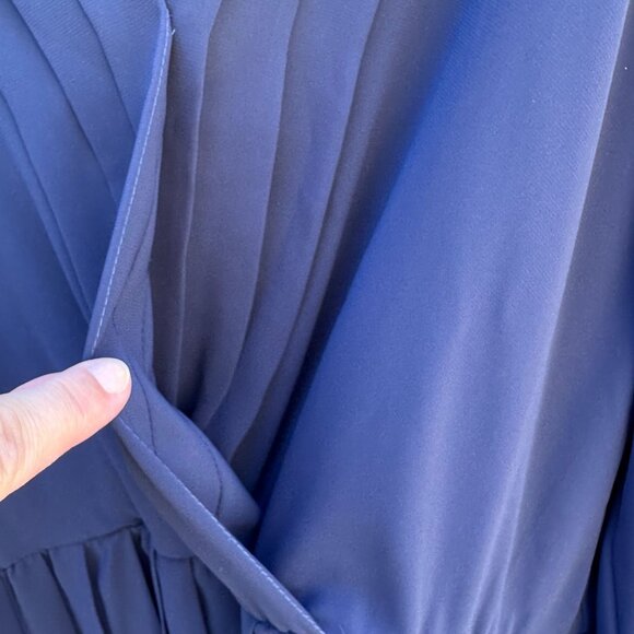 Vintage Womens Navy Blue Long-Sleeve Pleated V-Neck Flowy Semi Sheer Midi Dress - Picture 2 of 9